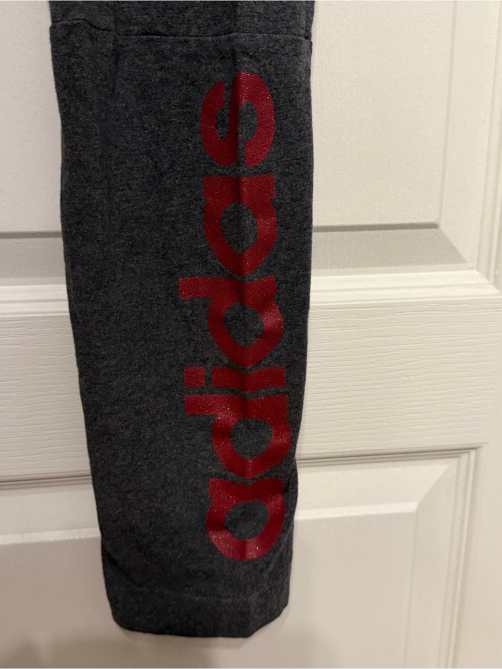 Adidas Charcoal Gray Lounge Pants Sparkly Red Adidas name on left leg. Small